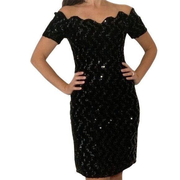 Vintage Zum Zum Black Dress Size Small Velvet Sequin Metallic Short Sleeves - Picture 1 of 9